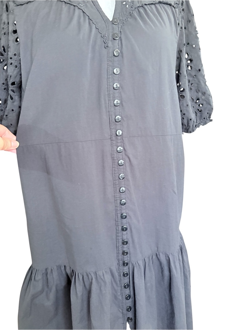 Ellen Tracy Black Eyelet Button-V Front Puffed Sleeve Boho Whimsigoth Dress Sz M - Picture 10 of 15